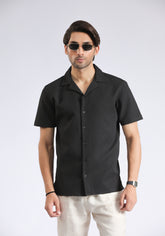 Cuban Collar Black Self Shirt