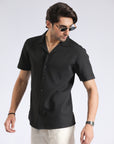 Cuban Collar Black Self Shirt