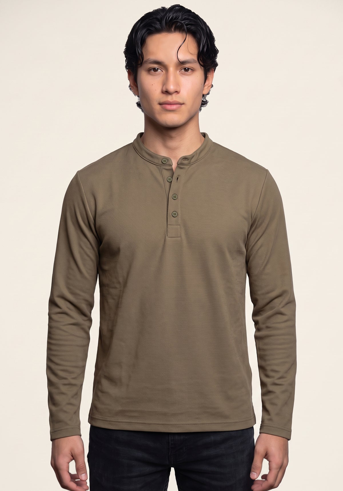 Men's Dark Brown  Long Sleeve Henley Shirt