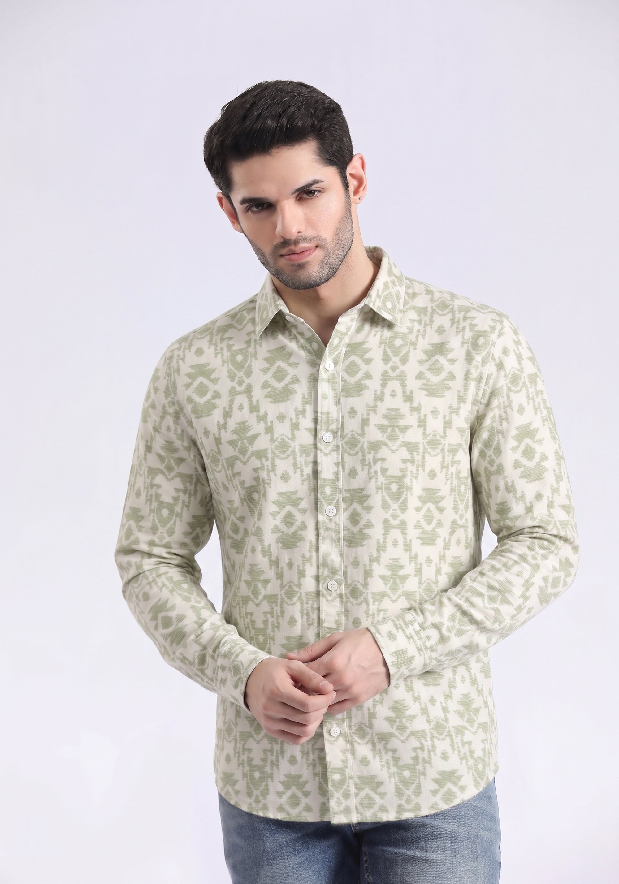 Men's Sage Green Geometric Print Shirt