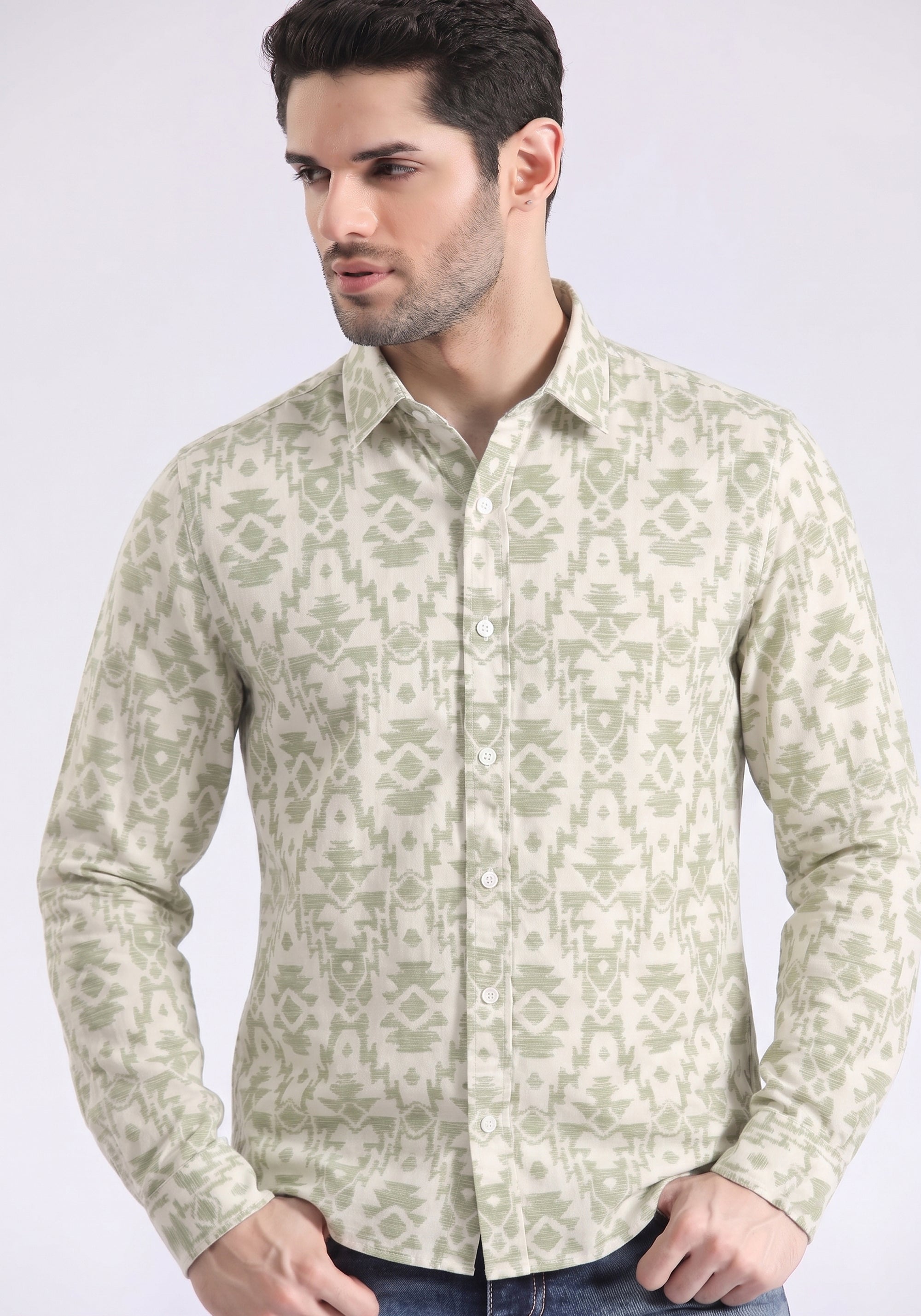 Men's Sage Green Geometric Print Shirt