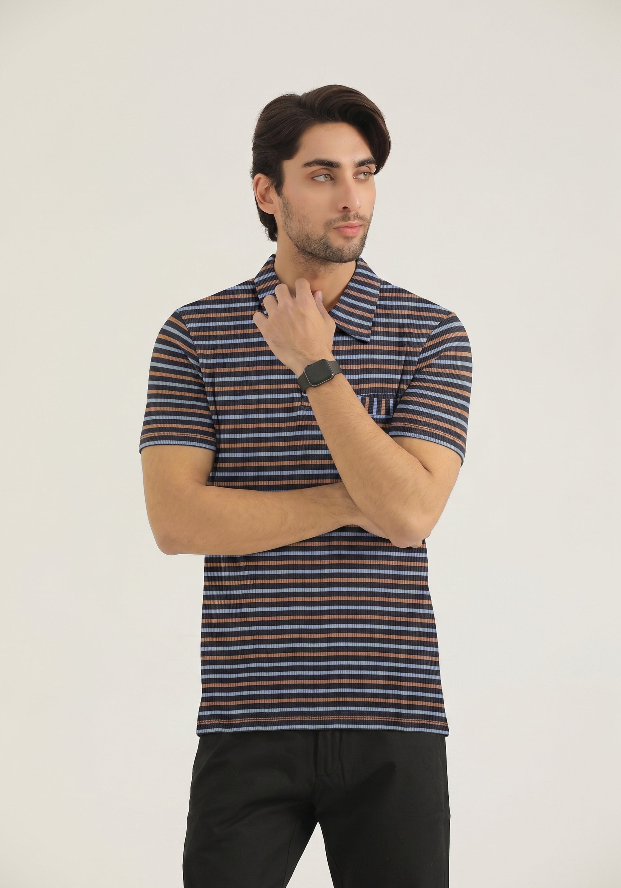 Navy Striped Pocket Polo