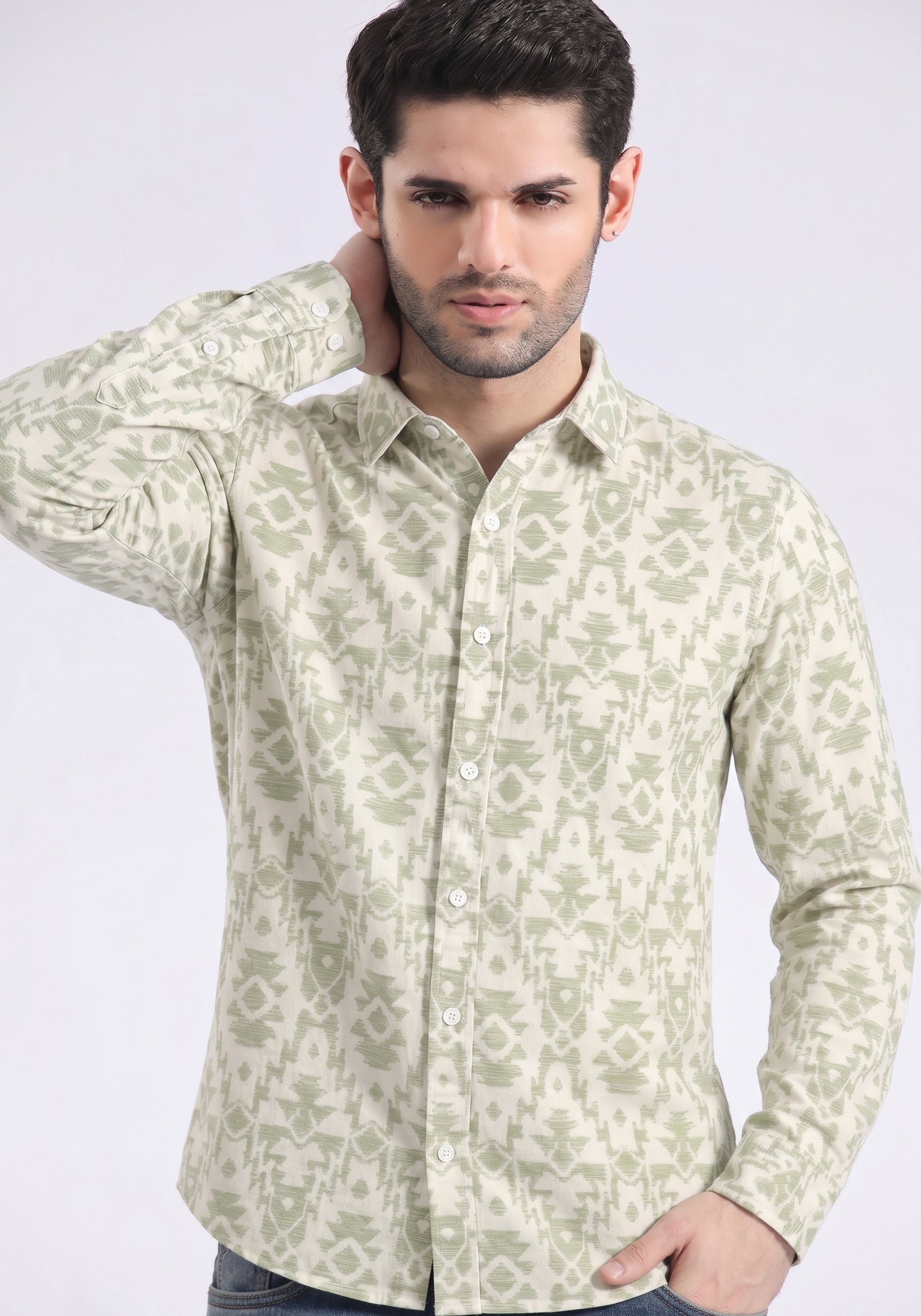 Men's Sage Green Geometric Print Shirt