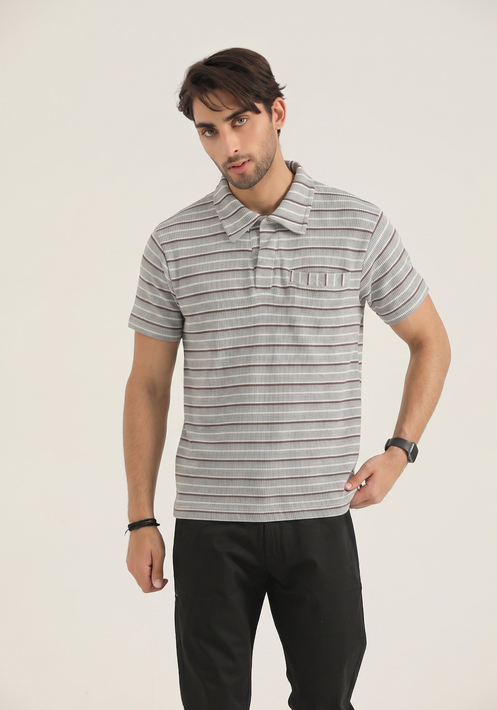 Grey Striped Pocket Polo