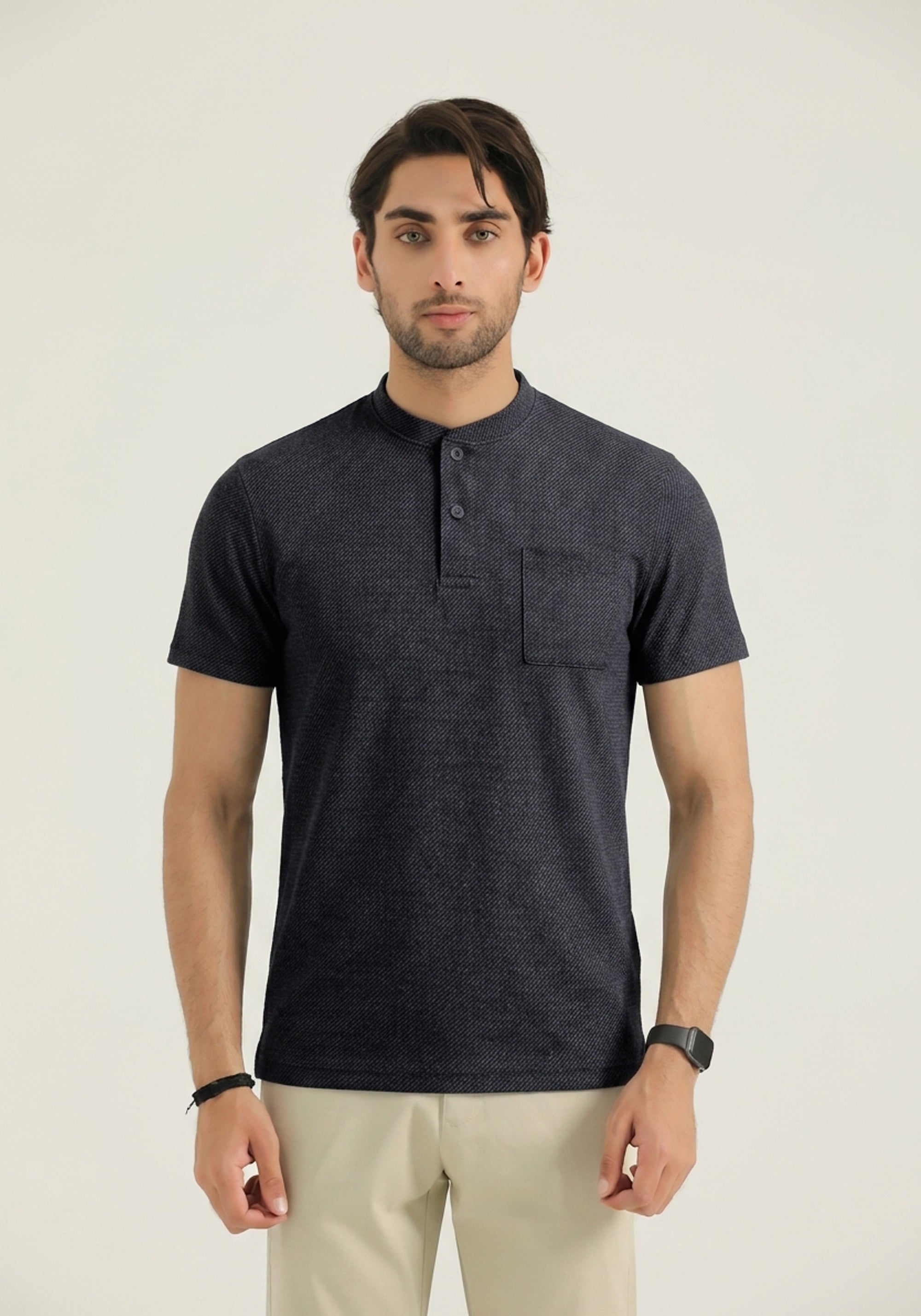 Charcoal Button-Placket T-Shirt