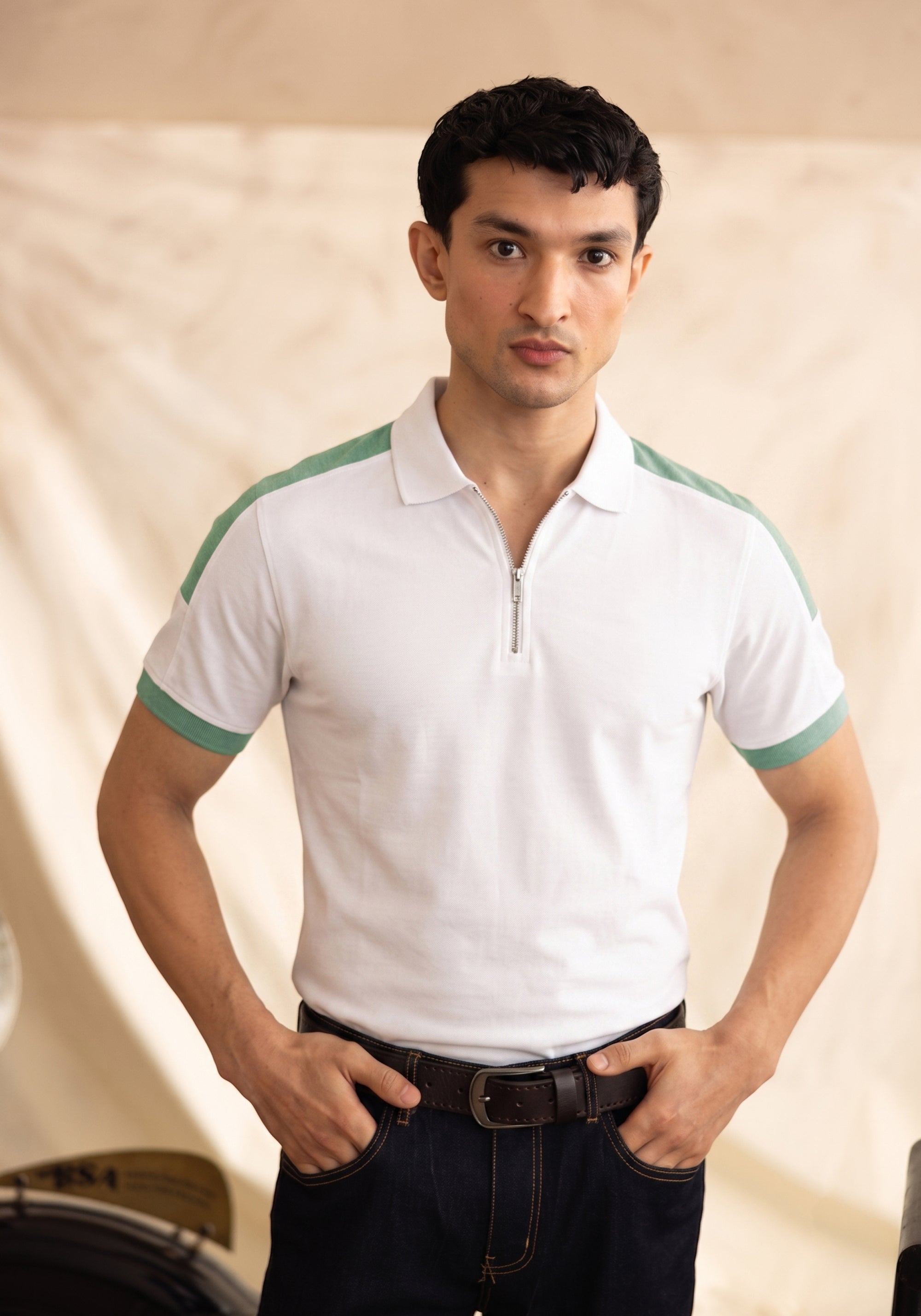 White Zip-Up polo Short
