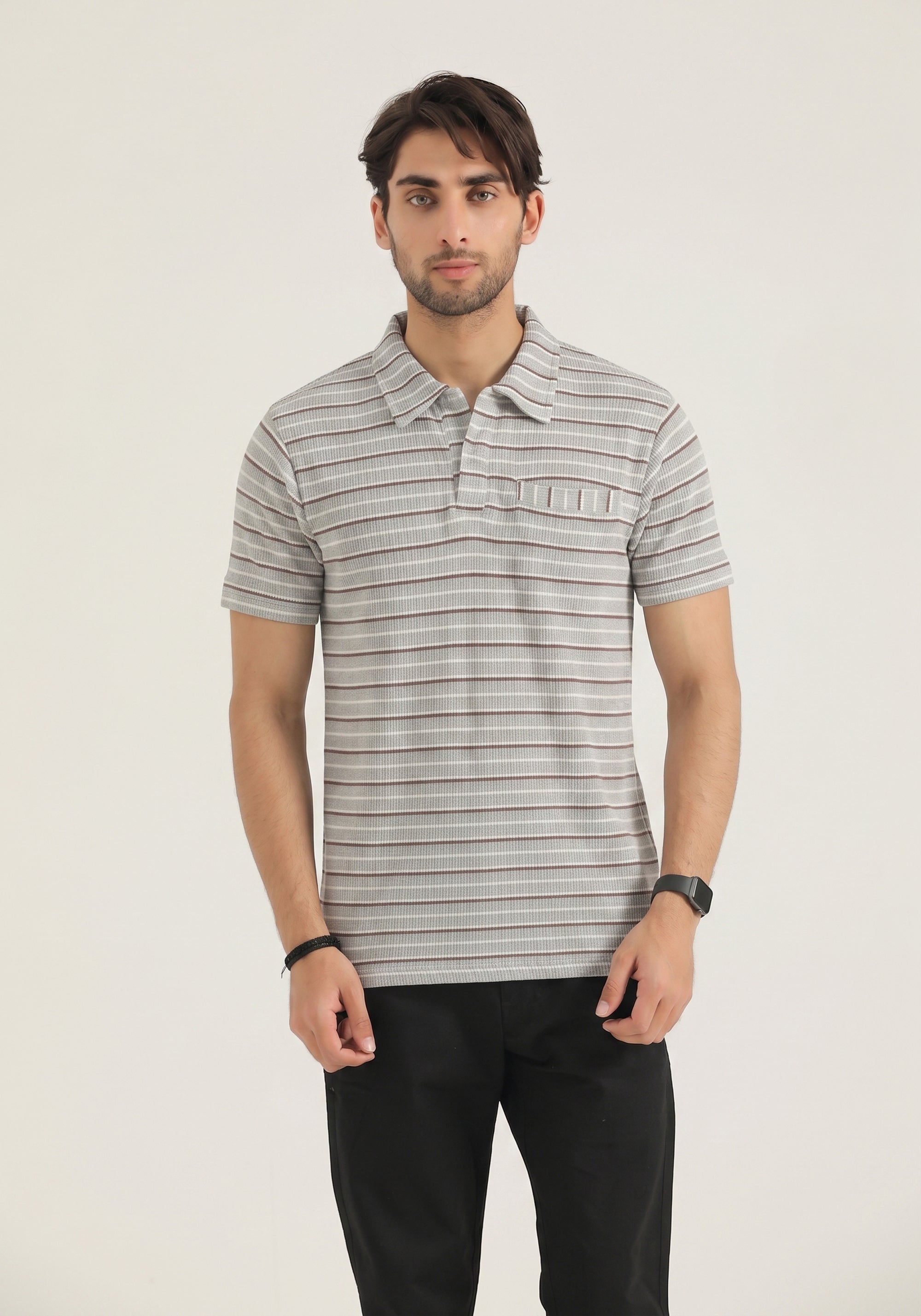 Grey Striped Pocket Polo