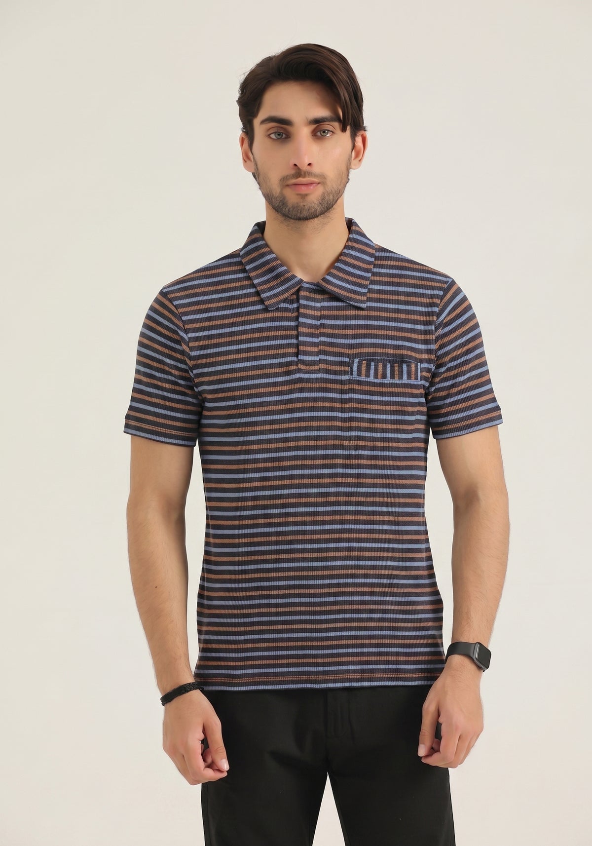 Navy Striped Pocket Polo