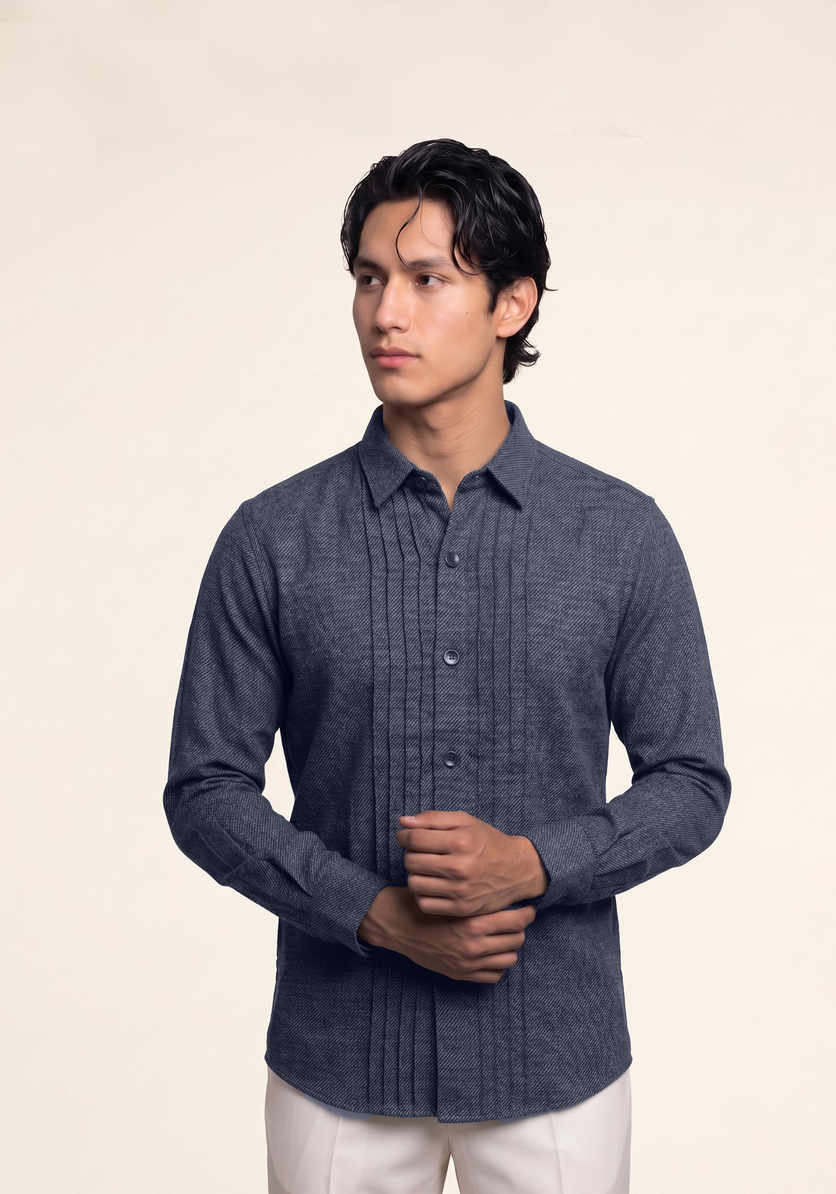 Men’s Blue Pleated Tuxedo Shacket