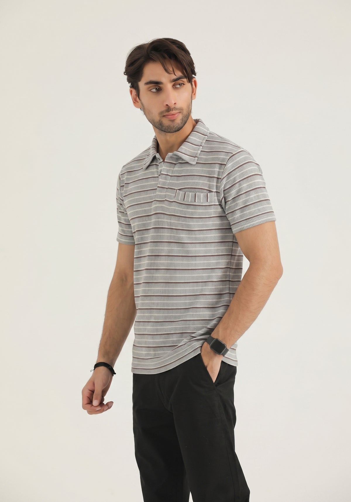 Grey Striped Pocket Polo