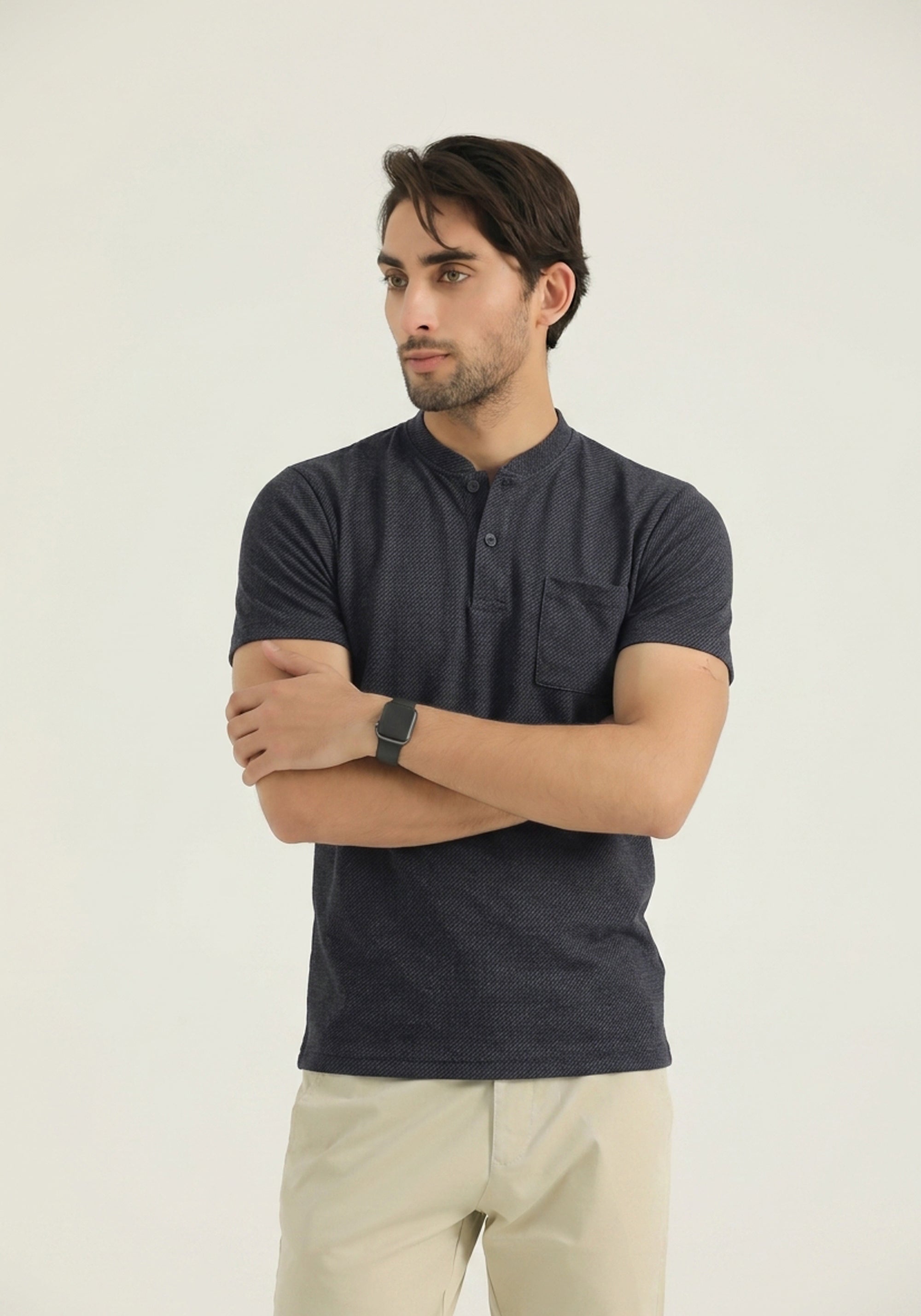 Charcoal Button-Placket T-Shirt
