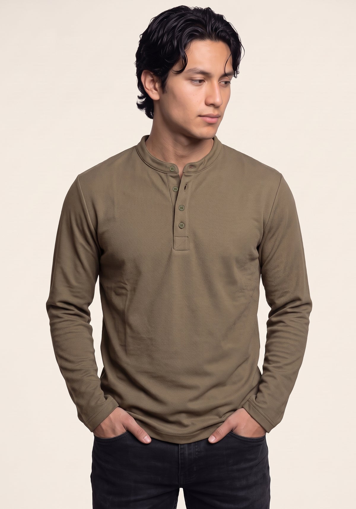 Men's Dark Brown  Long Sleeve Henley Shirt