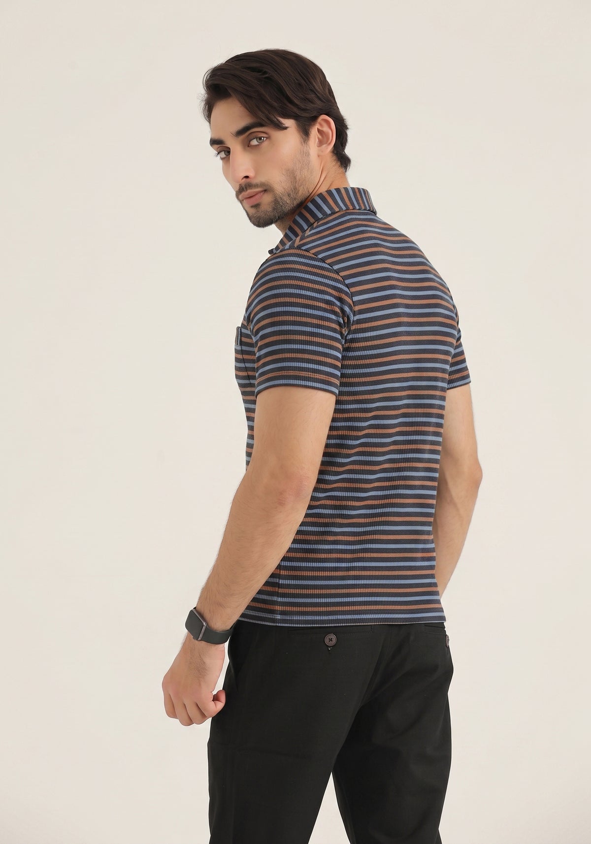 Navy Striped Pocket Polo