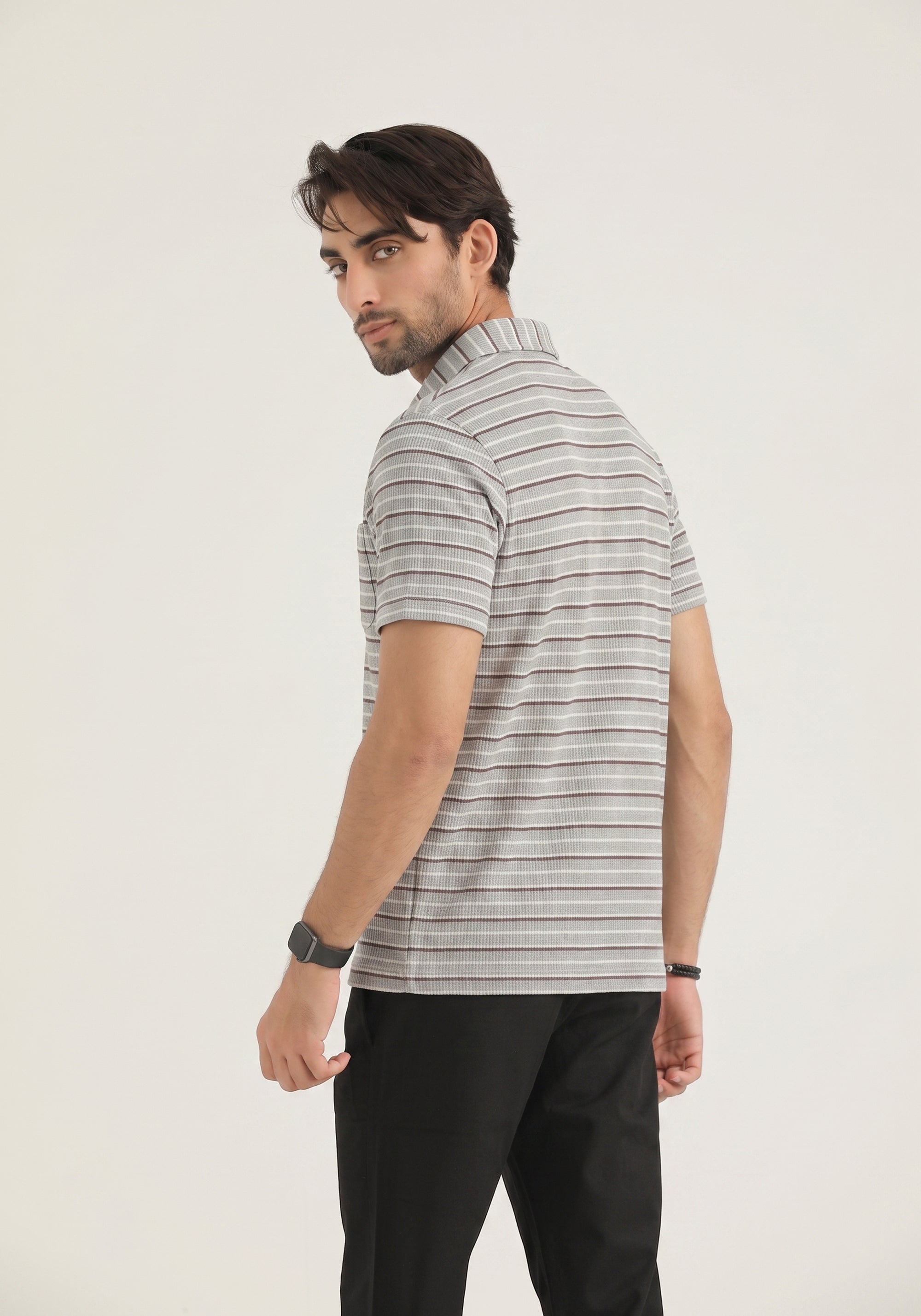 Grey Striped Pocket Polo