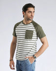Olive Green Raglan Sleeve Striped T-Shirt