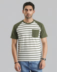 Olive Green Raglan Sleeve Striped T-Shirt