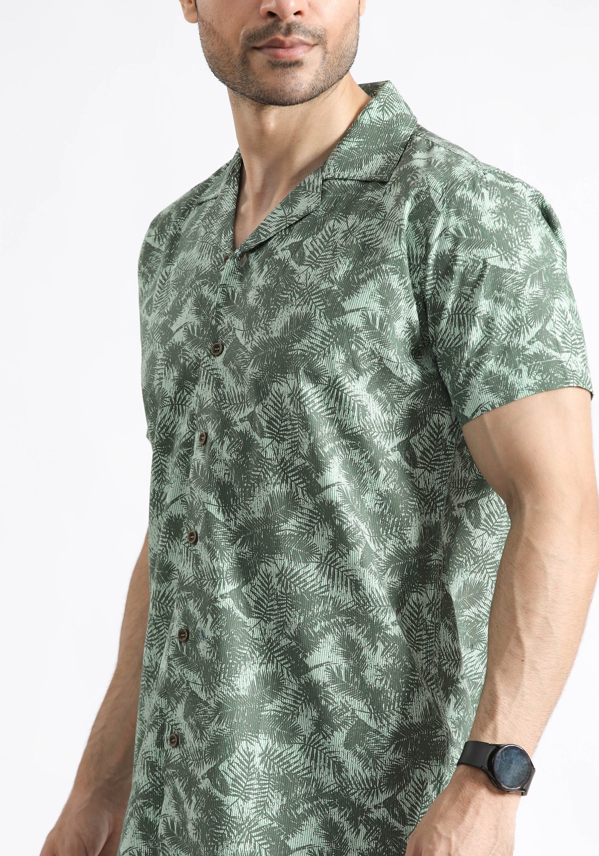 Olive Tropical Print Shirt