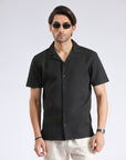 Cuban Collar Black Self Shirt