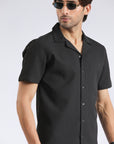 Cuban Collar Black Self Shirt