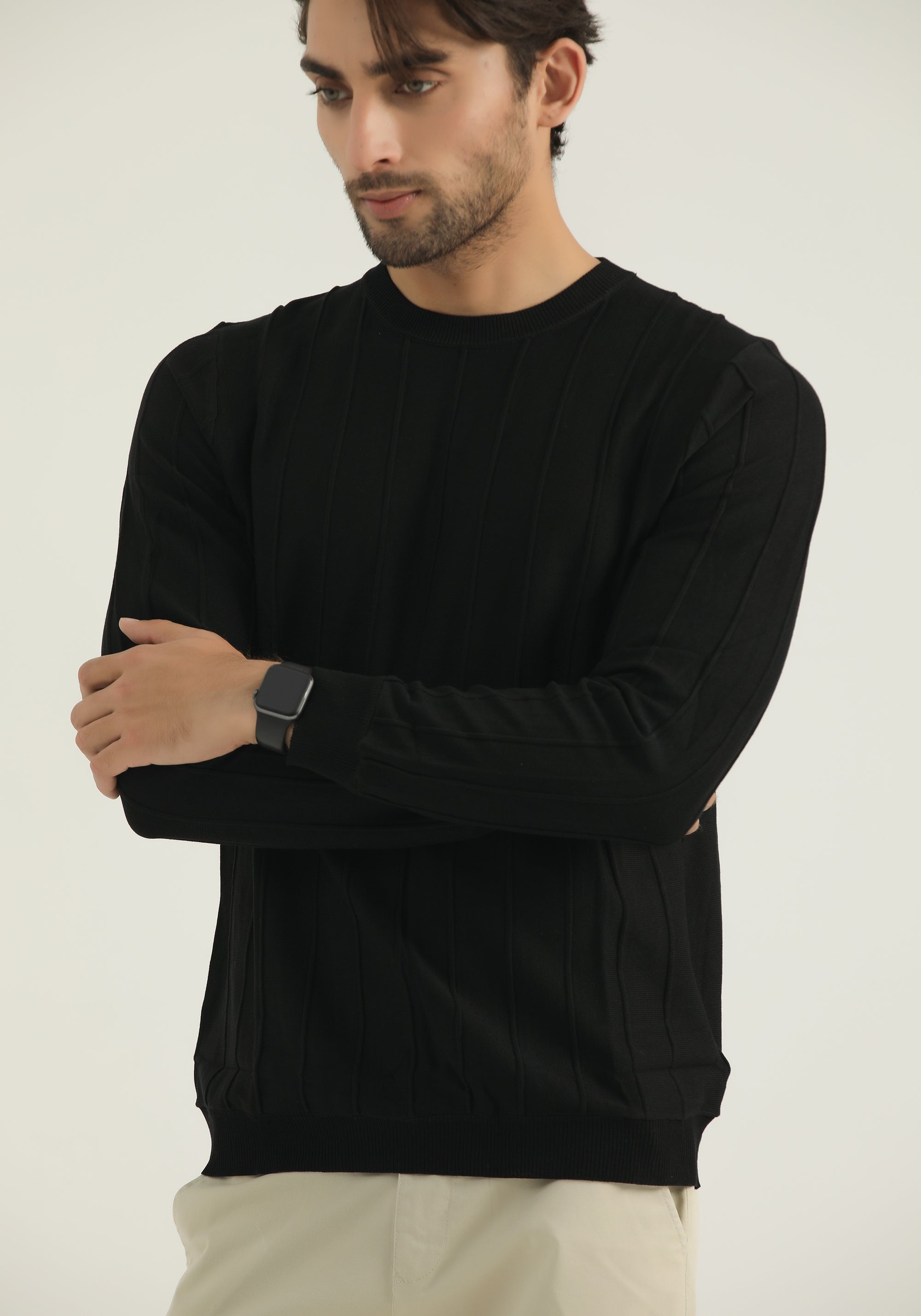 Black Self Stripped Sweatshirt