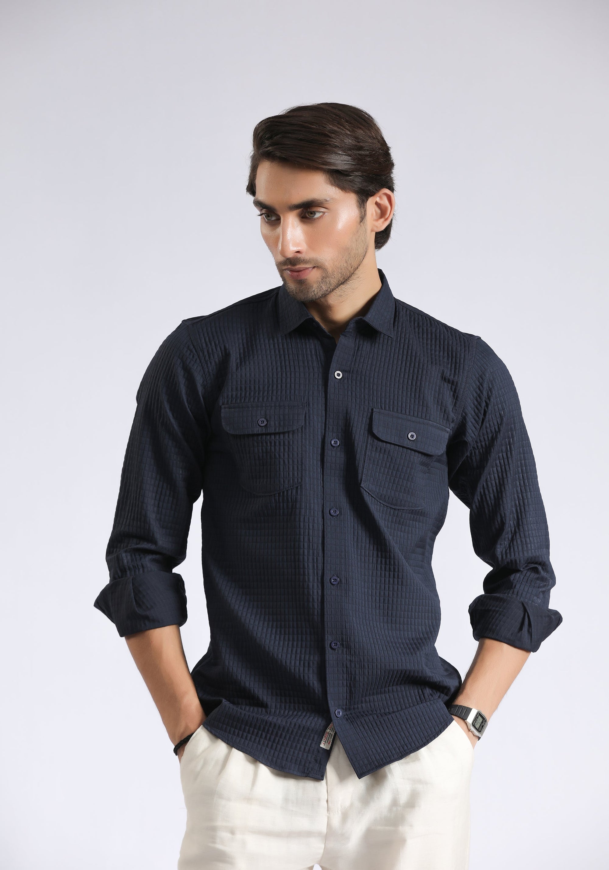 Flap Pockets Navy Shirt