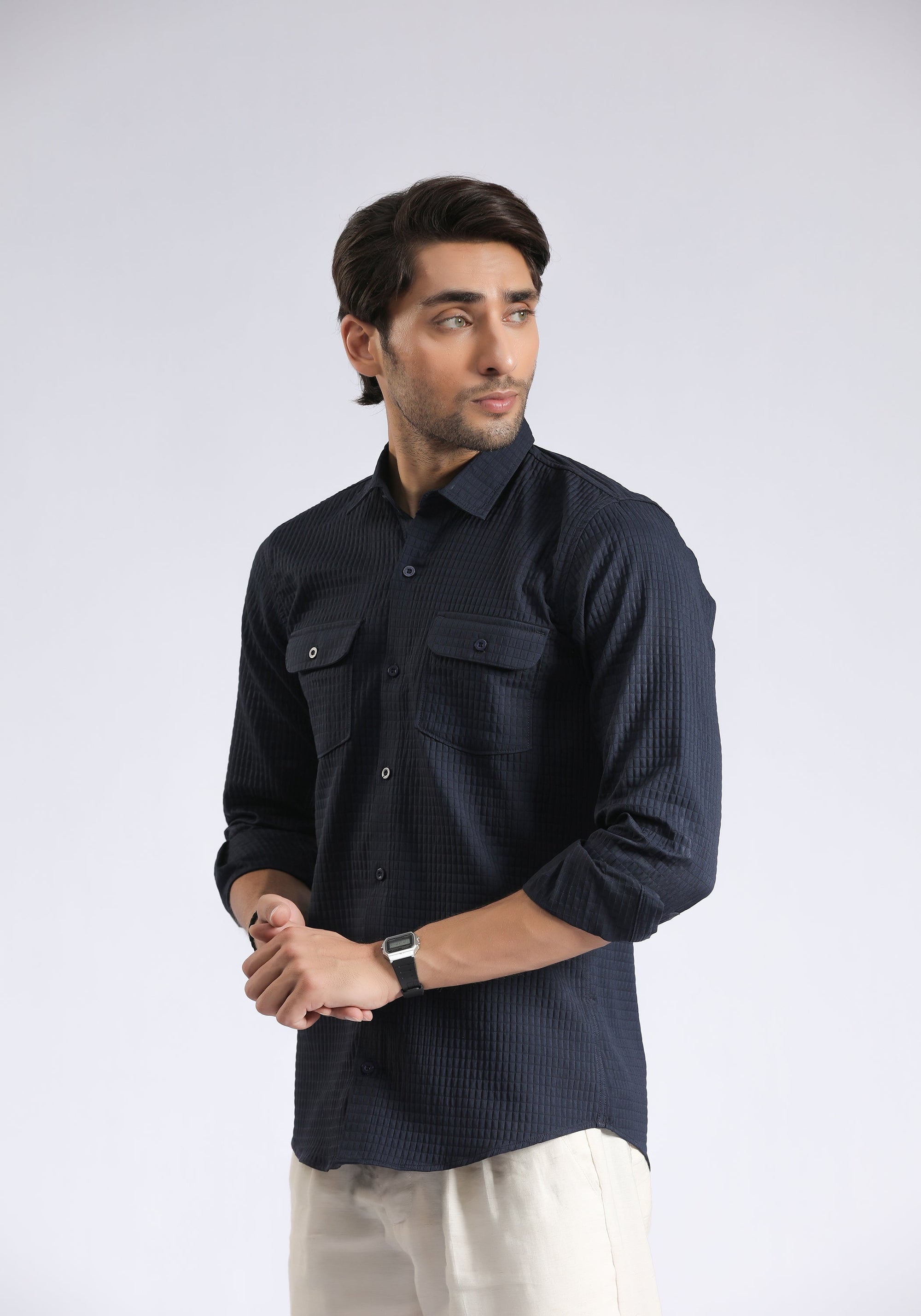 Flap Pockets Navy Shirt