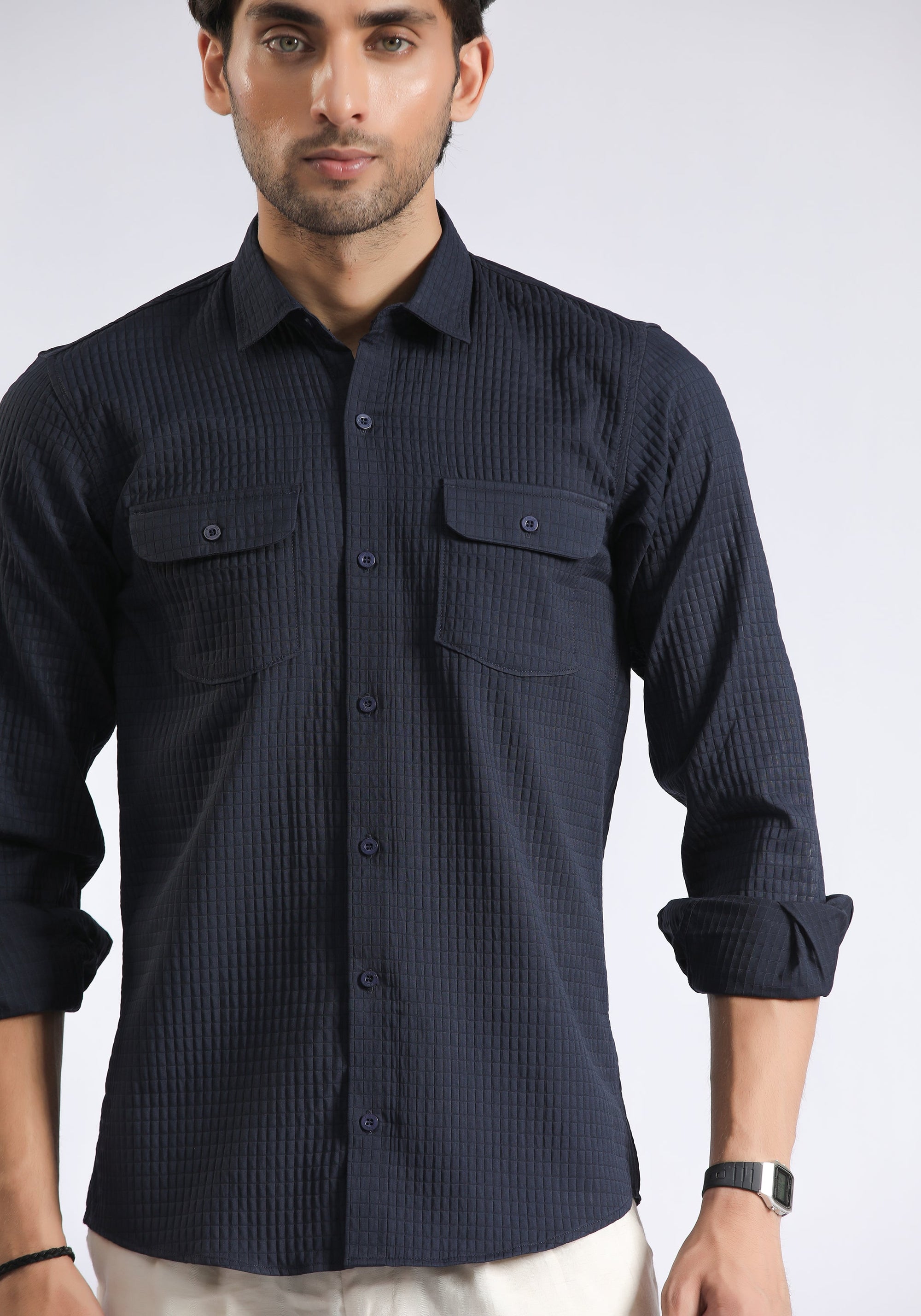 Flap Pockets Navy Shirt