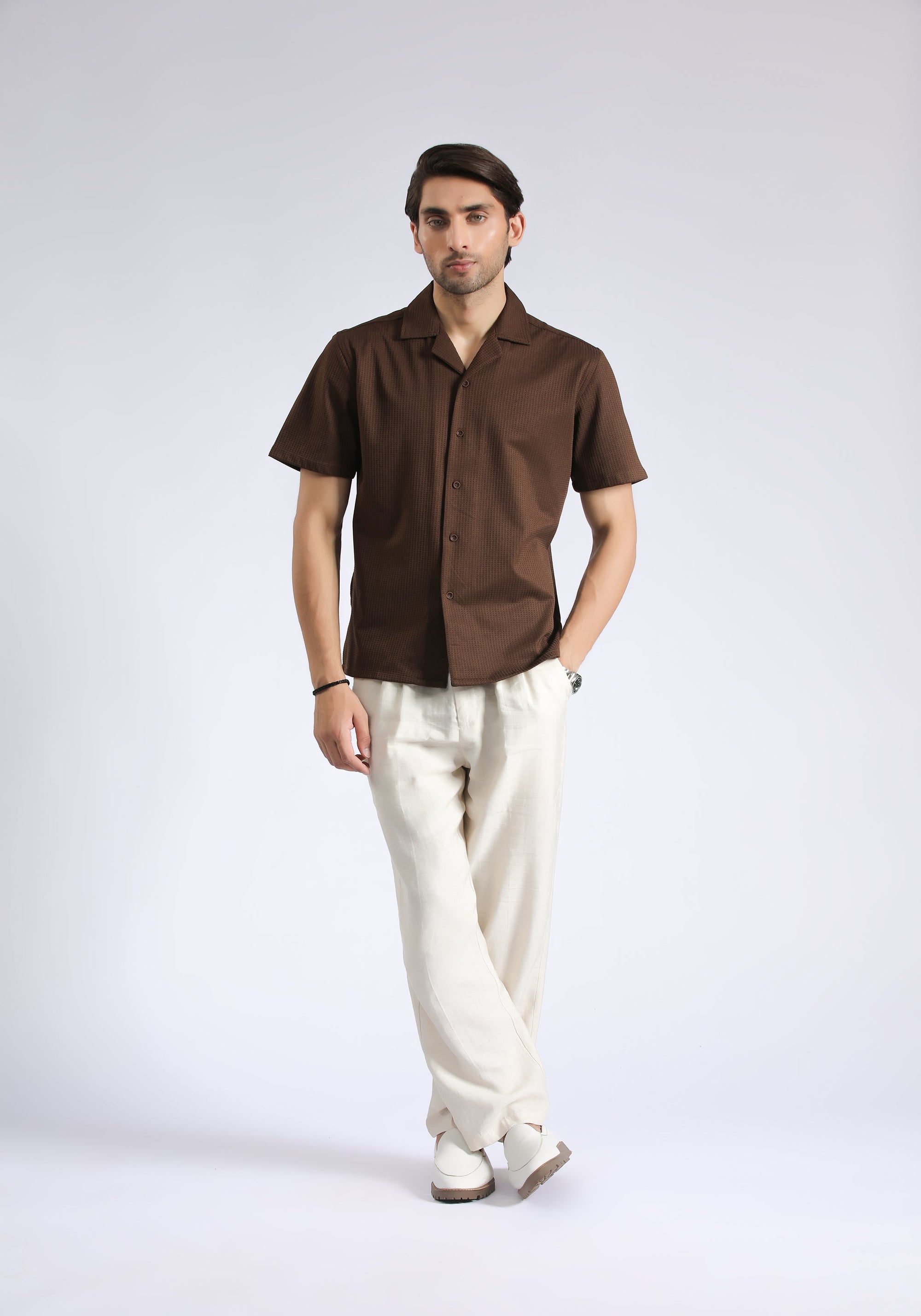 Cuban Collar Brown Textured Shirt