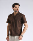 Cuban Collar Brown Textured Shirt