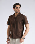 Cuban Collar Brown Textured Shirt