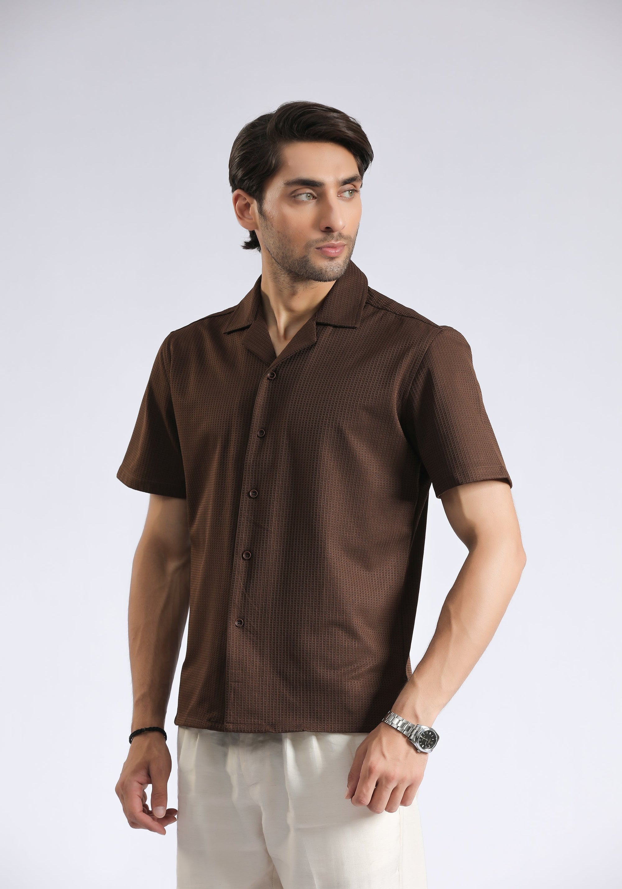 Cuban Collar Brown Textured Shirt