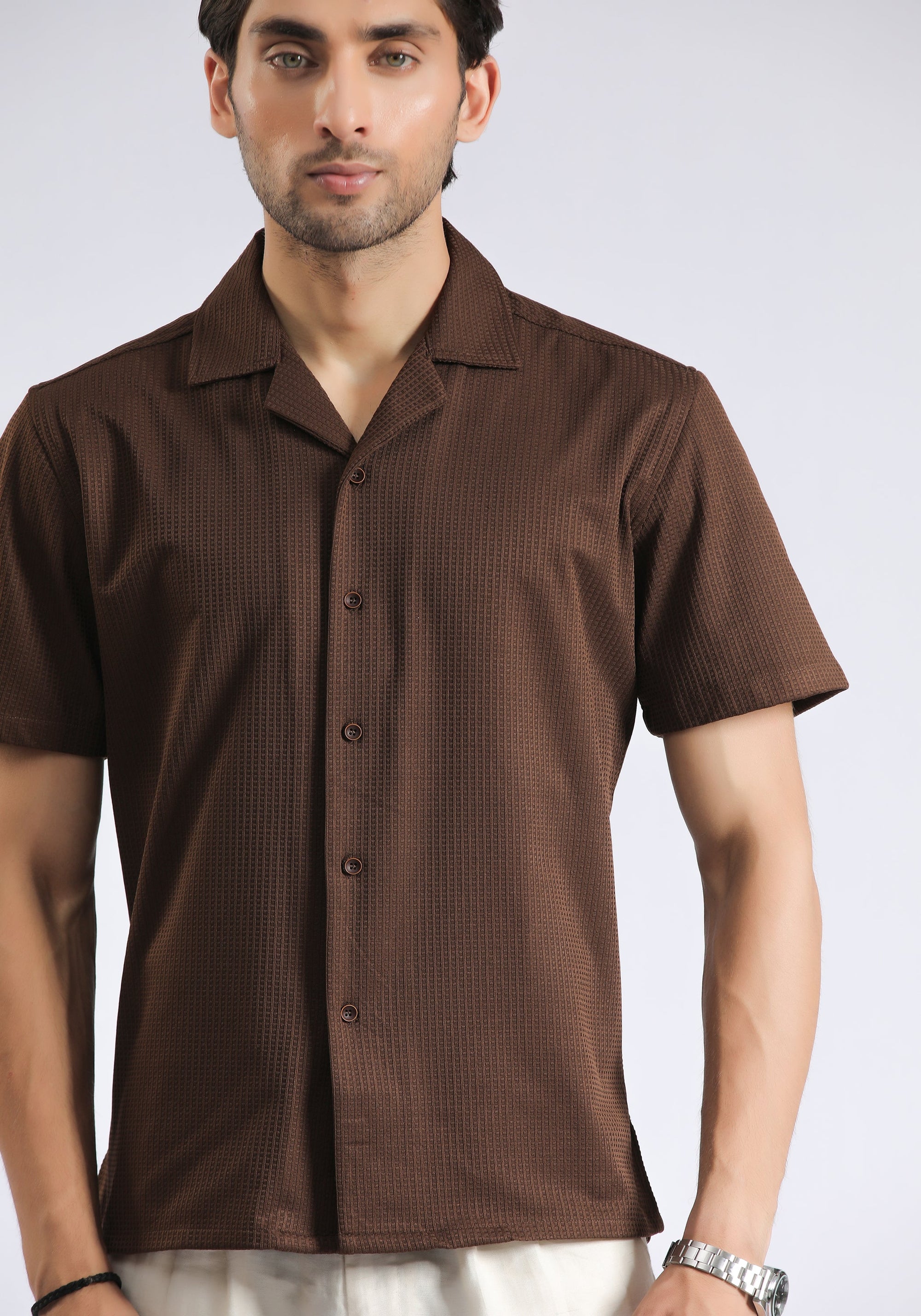 Cuban Collar Brown Textured Shirt