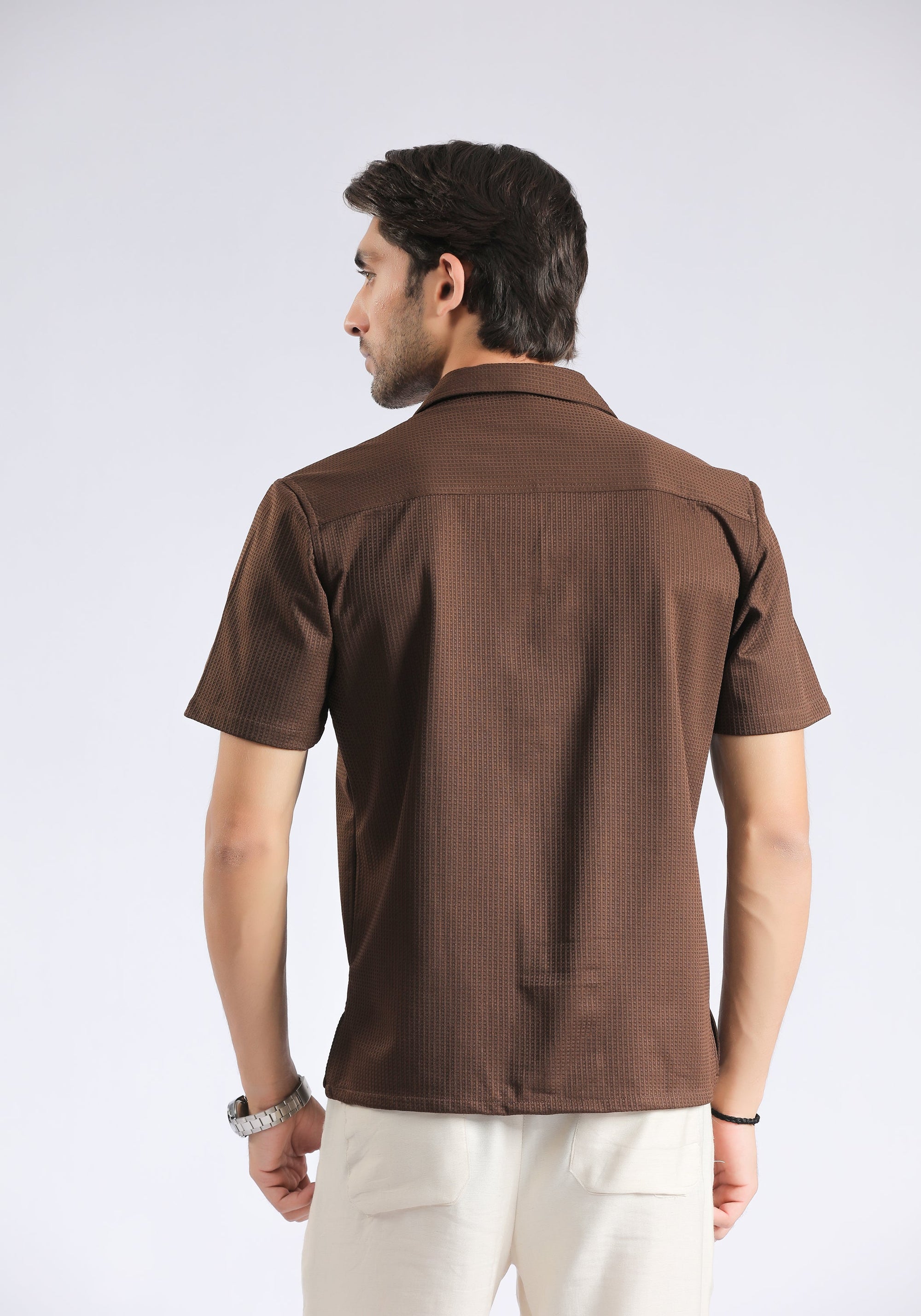 Cuban Collar Brown Textured Shirt