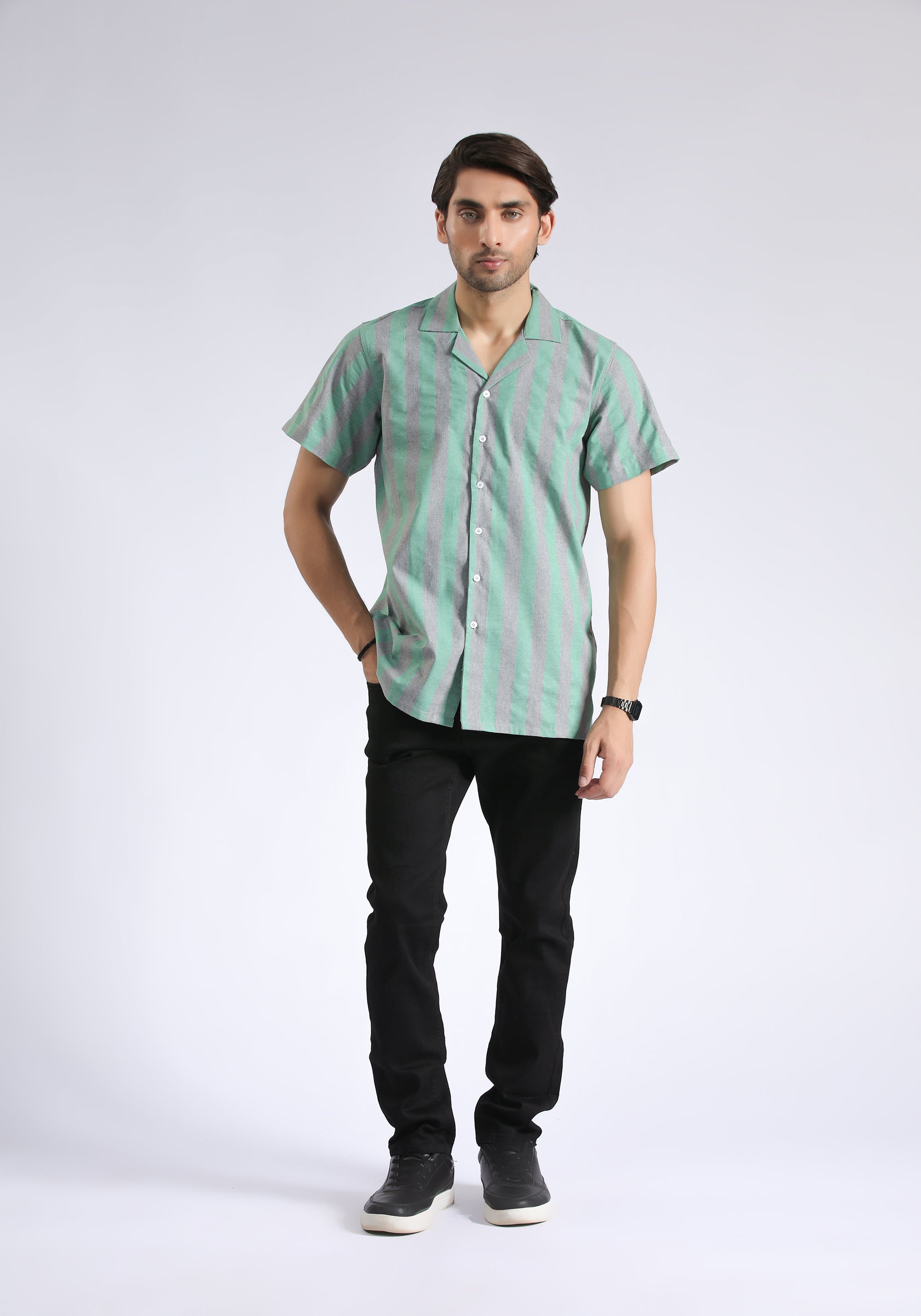 Cuban Collar Green Lining Shirt