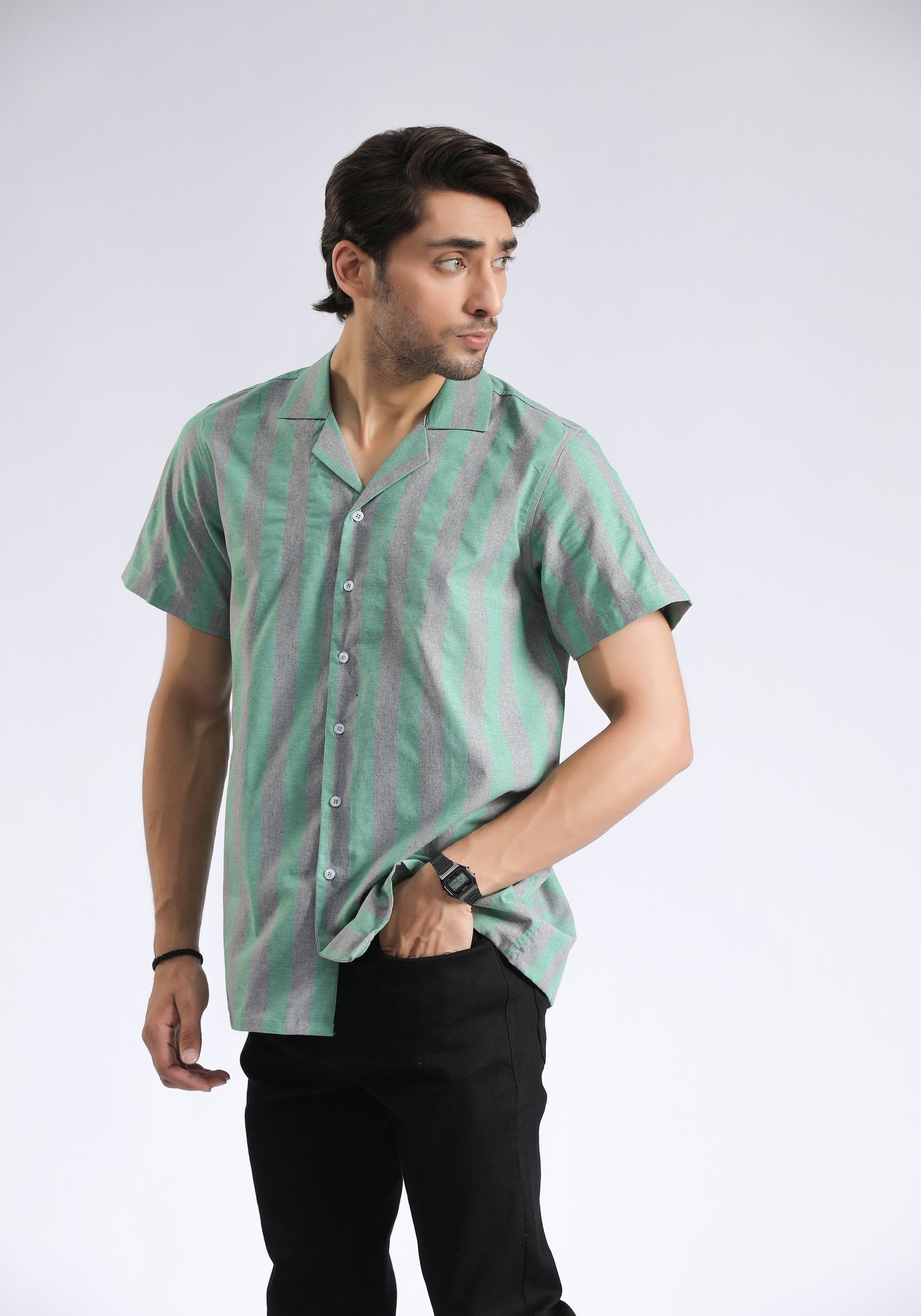 Cuban Collar Green Lining Shirt