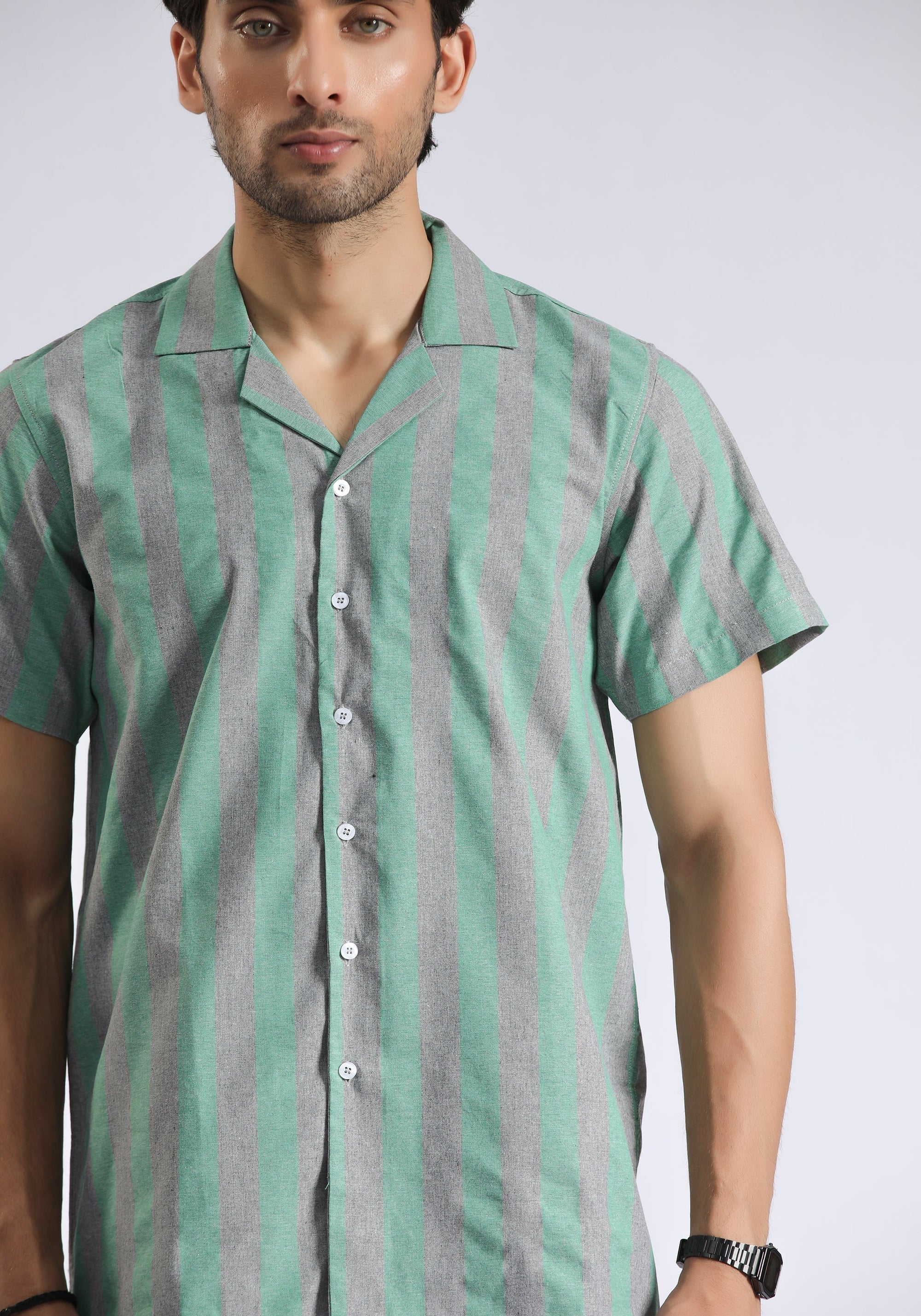 Cuban Collar Green Lining Shirt