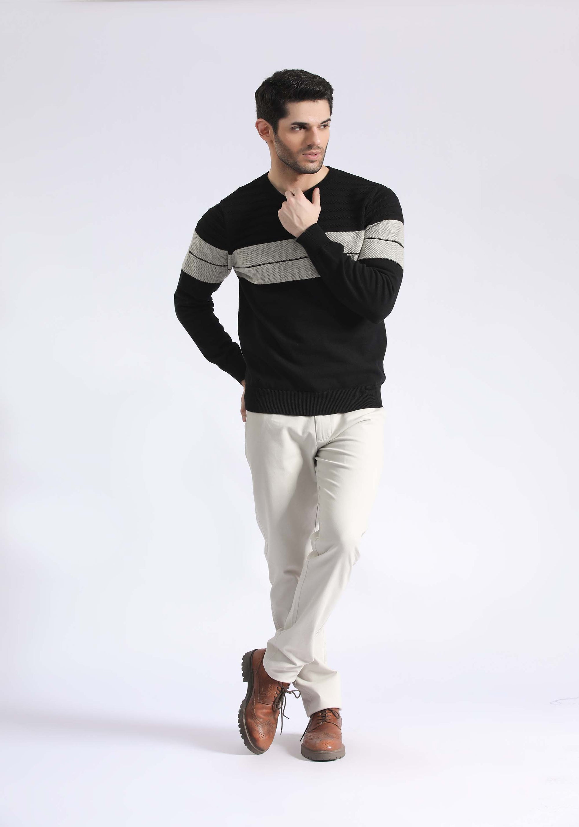 Black Stripped Crew Neck Sweater