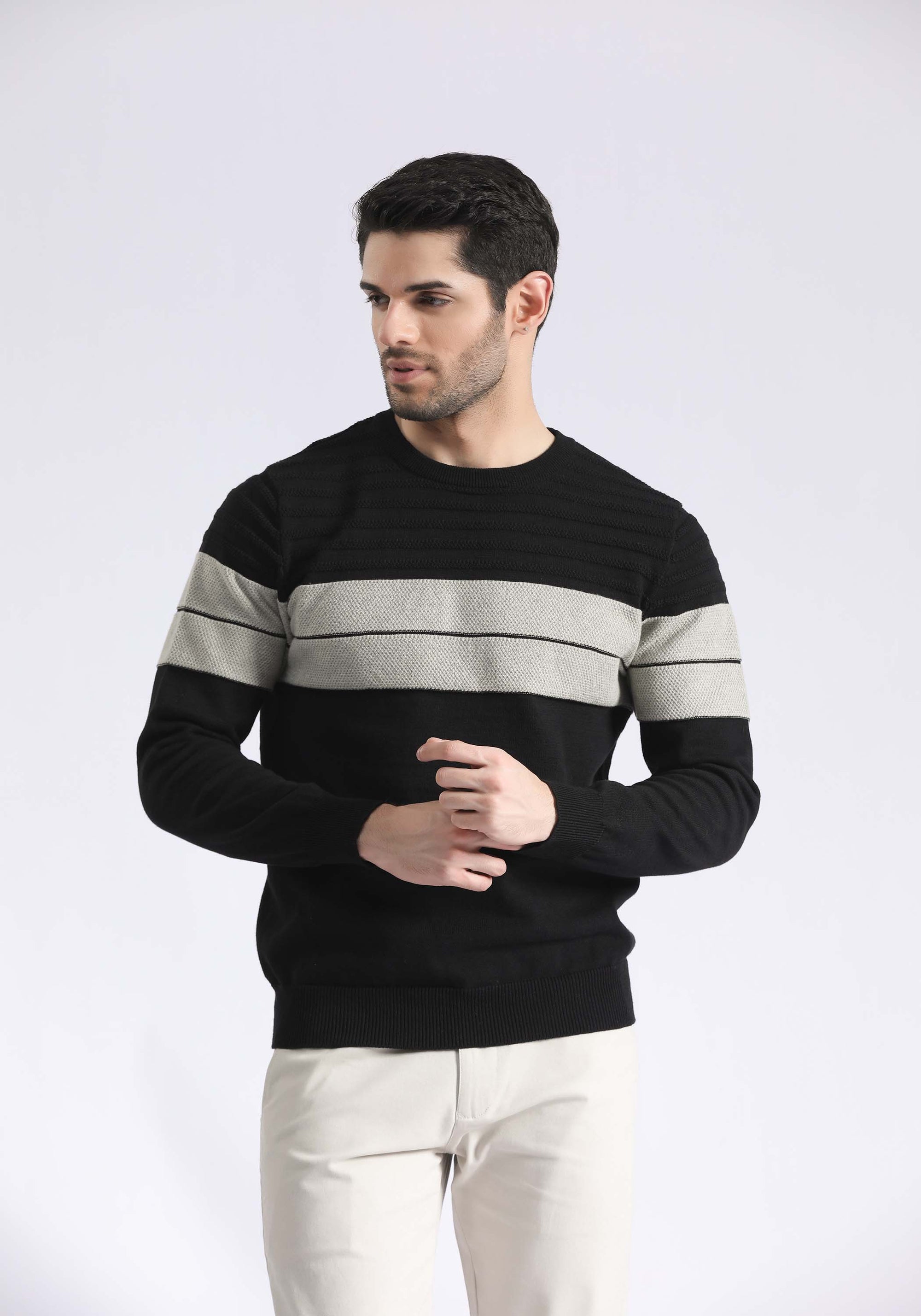 Black Stripped Crew Neck Sweater