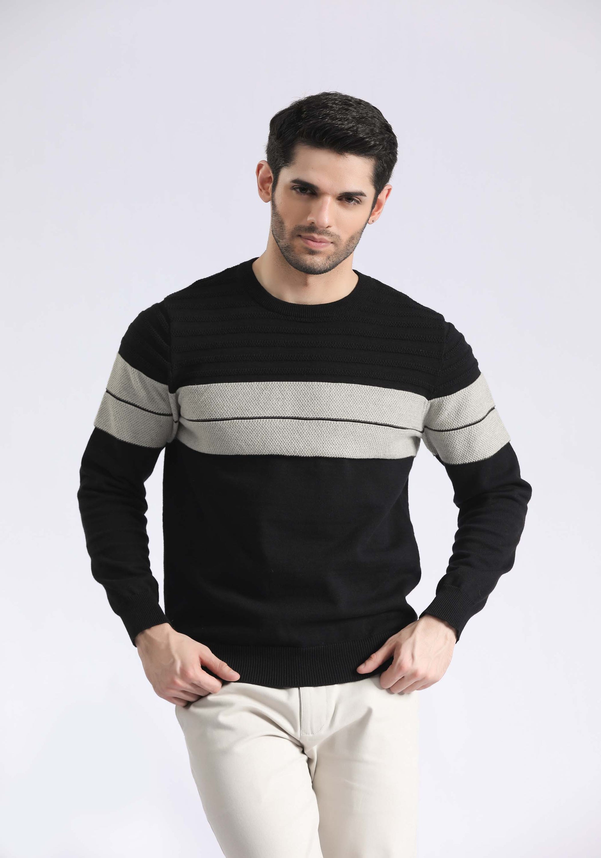 Black Stripped Crew Neck Sweater