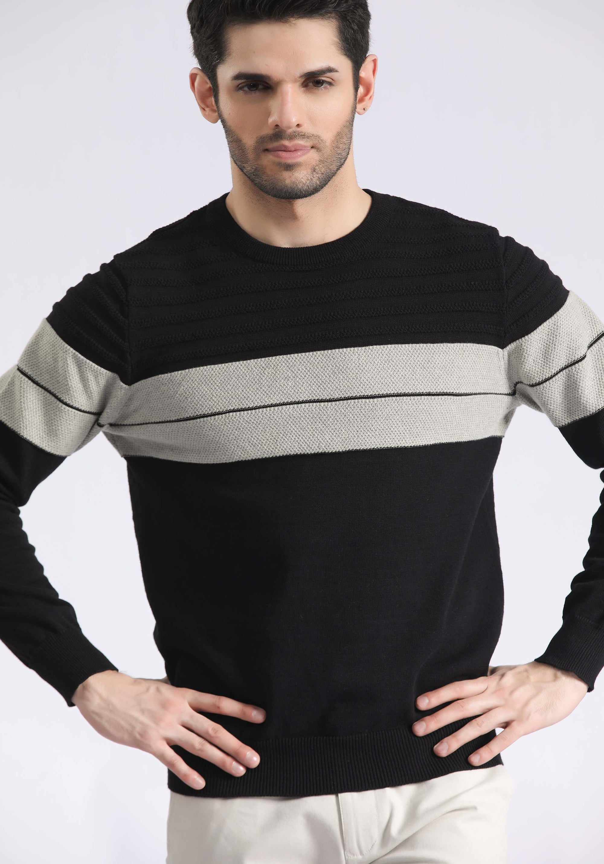 Black Stripped Crew Neck Sweater