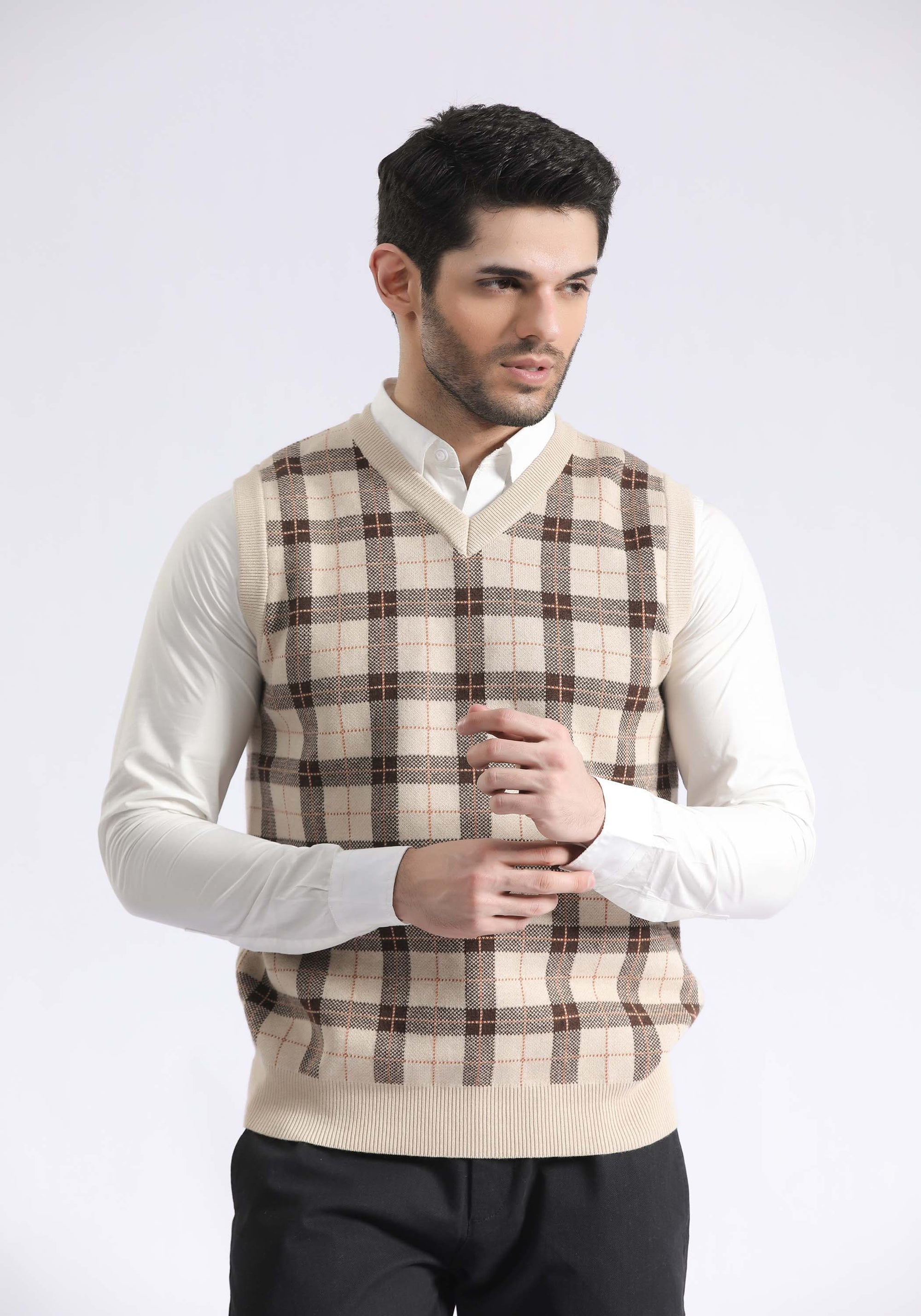 Check Textured V Sweater