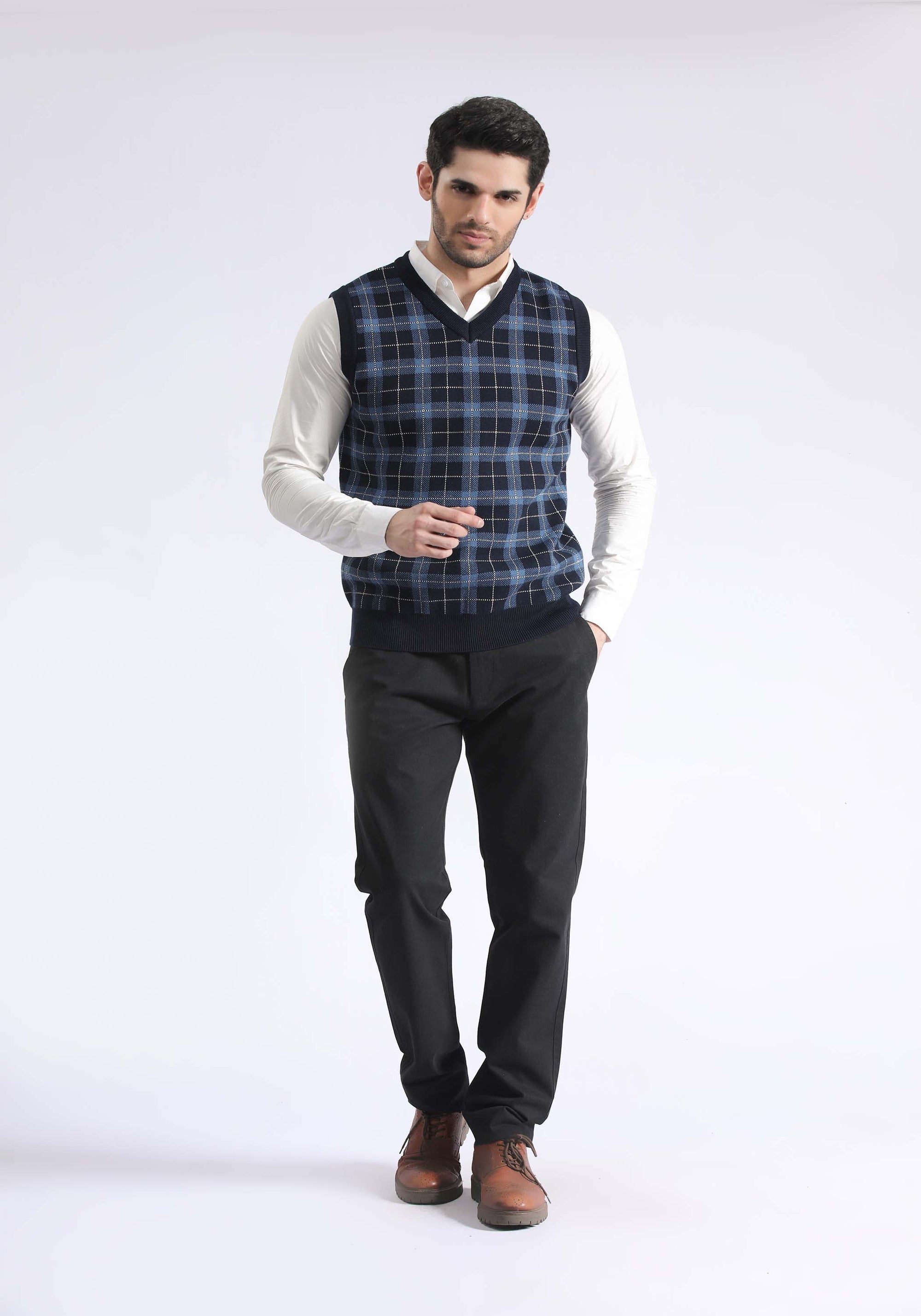 Check Textured V Sweater