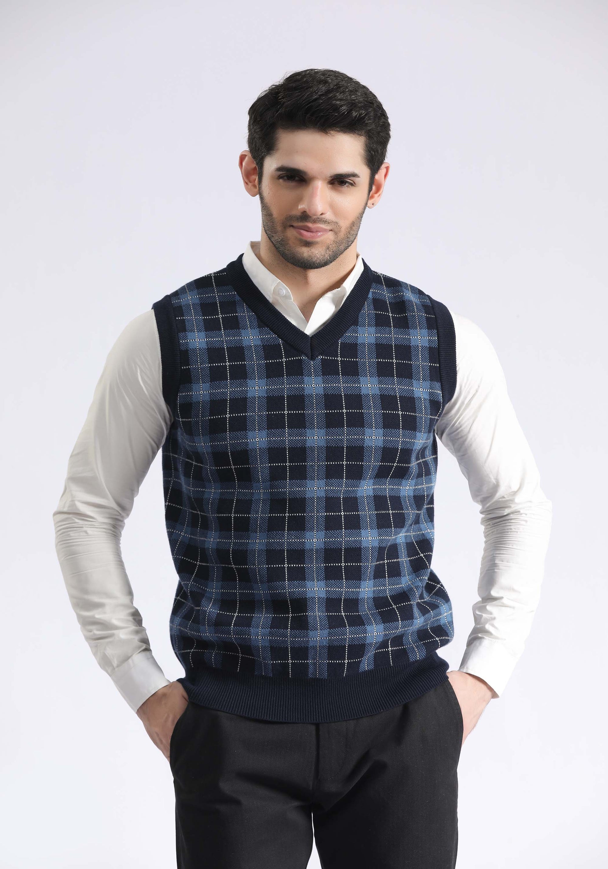 Check Textured V Sweater