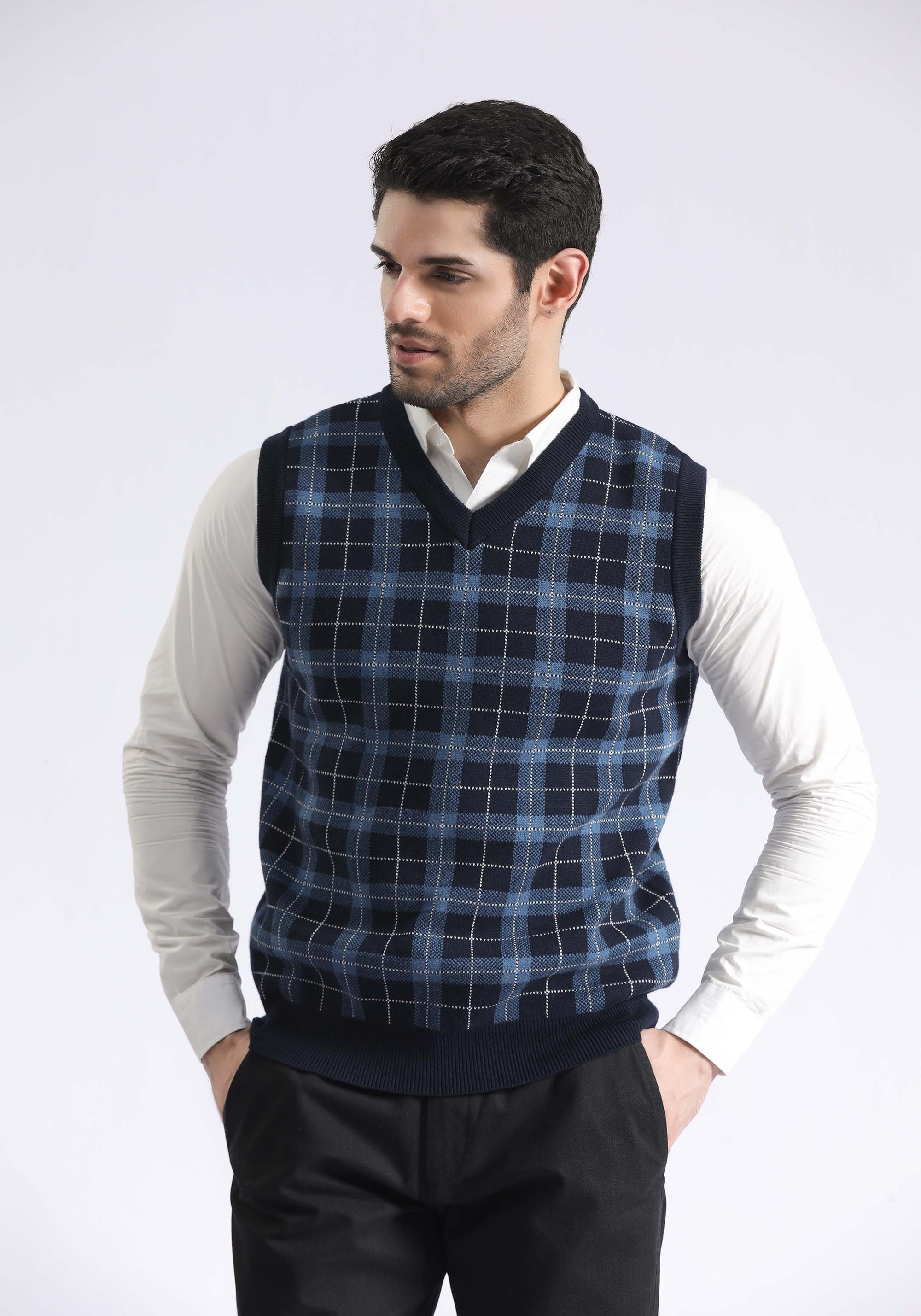 Check Textured V Sweater