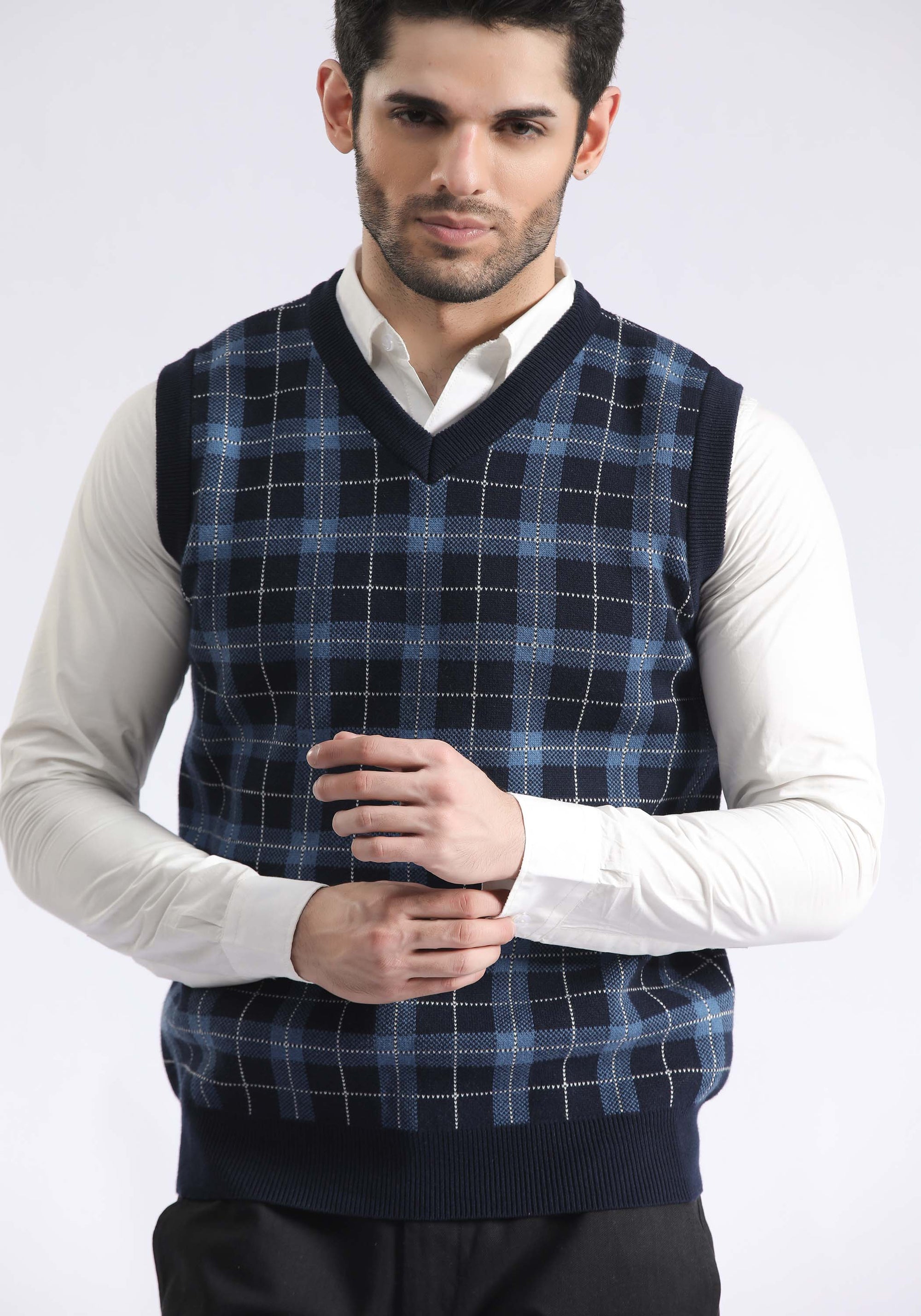 Check Textured V Sweater