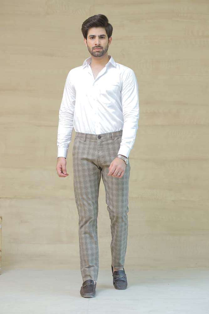 CHECK PRINTED BEIGE COTTON PANT